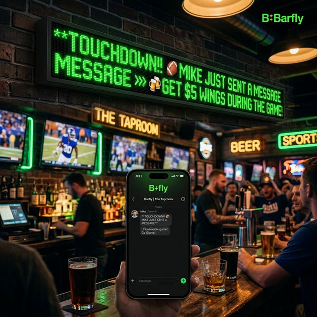 Barfly in action β LED ticker showing fan messages at a sports bar
